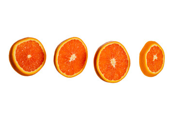 Four round slices of fresh orange floating in the air on a white background