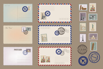 Modern collection of love and friendship letter designs. Vintage postcard designs and postage stamps. Envelopes and postcards set