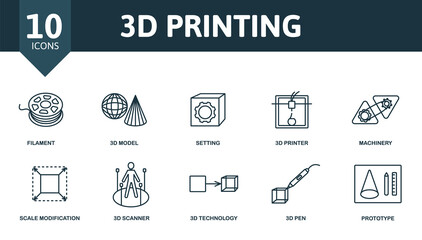 3D Printing icon set. Collection contain filament, model, setting, printer, machinery, scanner and over icons. 3D Printing elements set