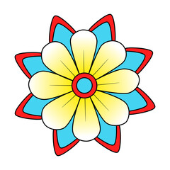 Old school flower tattoo. Hand drawn black outline bright yellow cyan blue red inflorescence. Traditional classic tattoo sketch. Stock vector illustration isolated on white background.