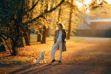 girl and two dogs in an autumn park at sunset.. Walking with pet. Toy and small poodle in nature