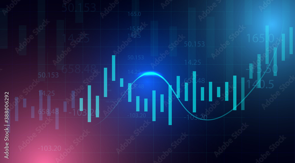 Wall mural Business candle stick graph chart of stock market investment trading on blue background. Bullish point, Trend of graph. Eps10 Vector illustration.