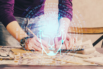 Haman brain double exposure icon with man hands background.