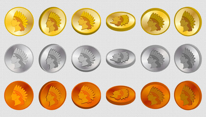 3d set of metal coin tokens with the head of an Indian. Gold, silver and copper. EPS10