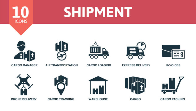 Shipment icon set. Collection contain storage, express delivery, cargo manager, cargo loading, air transportation and over icons. Shipment elements set.