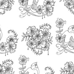 Seamless pattern cute bird and flowers illustration
