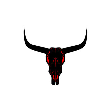 Bull skull icon. Buffalo head with red eyes vector illustration isolated on white. Animal skull with horns. Texas animal head symbol. Dangerous sign.