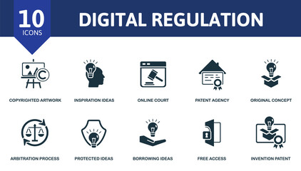 Digital Regulation icon set. Collection contain copyrighted artwork, inspiration ideas, online court, patent agency and over icons. Digital Regulation elements set.