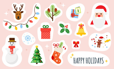 Christmas and Happy New Year holiday stickers set. Colorful festive vector illustrations collection. Happy holidays icons in flat style