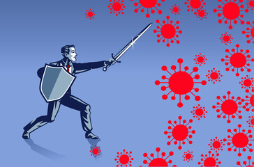Obraz premium Businessman Fighting Covid 19 Virus with Sword and Shield. Business Illustration Concept of War Against Corona in Business World