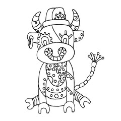 Ox, Chinese zodiac symbol of new 2021 year. Steampunk style bull. Mechanical animal. Coloring book for children. Vector illustration. Eastern horoscope.Metal Buffalo isolated on a white.Linear drawing