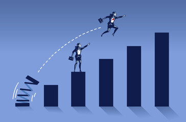 Business Woman Jumps High Overlapping Her Colleague on Bar Chart Illustration Concept - obrazy, fototapety, plakaty