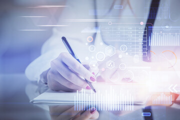 Multi exposure of woman's writing hand on background with data technology hud. Big data concept.
