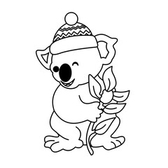 Coloring of Koala Holding Leaves and Wearing Winter Hats Cartoon, Cute Funny Character, Flat Design
