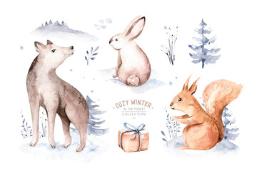 Watercolor winter forest animals deer with fawn, owl rabbits, bear, wolf birds on white background. Wild forest fox and squirrel animals set. Hand painted winter illustration