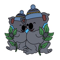 Illustration of Koala Holding Leaves and Wearing Winter Hats Cartoon, Cute Funny Character, Flat Design