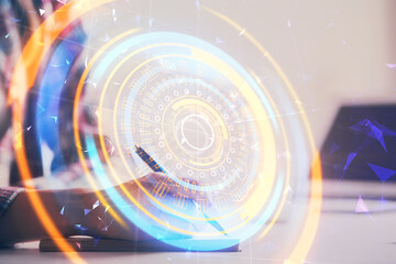 Technology theme hologram over woman's hands taking notes background. Concept of Tech. Double exposure