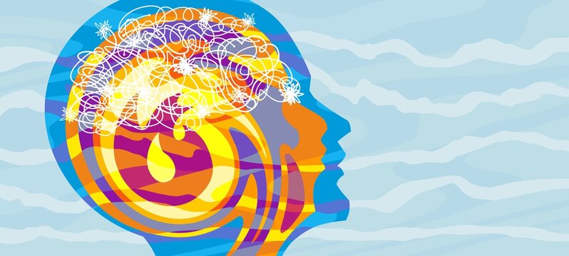 creative artistic thinking optimist head with groovy shapes and bright spark thought process