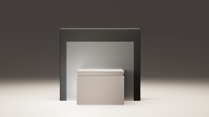 3d render of a white presentation stage. Minimal 3d mockup with cube, shop showcase with clean simple design. Mockup design for advertising and presentations.