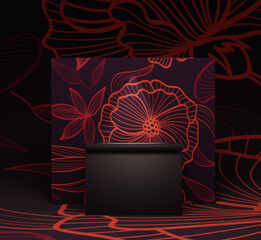 3d render with floral background. Floral modern fashion design. Shop showcase product display, cube podium, blank pedestal, cube stage. Mockup design for advertising and products.