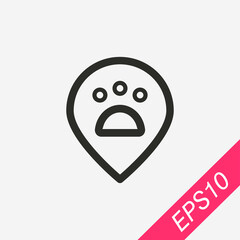 Paw with location icon isolated on background. Vet symbol modern, simple, vector, icon for website design, mobile app, ui. Vector Illustration