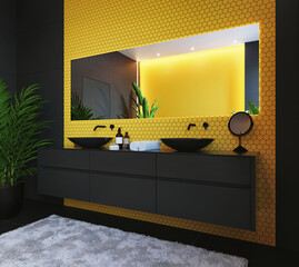 Interior of a modern bathroom with a yellow mosaic on the wall. Rectangular mirror and round black washbasin. 3d rendering