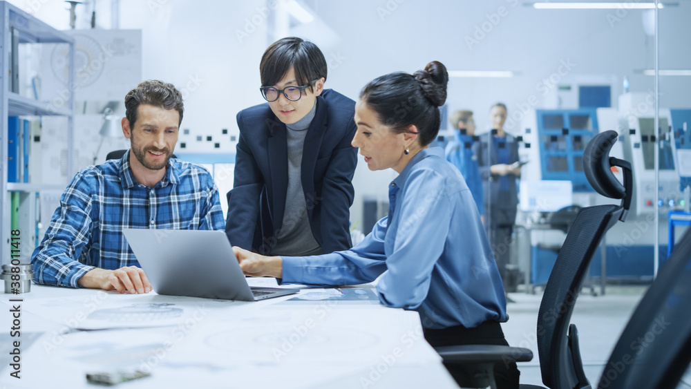 Poster modern factory office meeting: female project manager, asian branch supervisor talk with chief produ