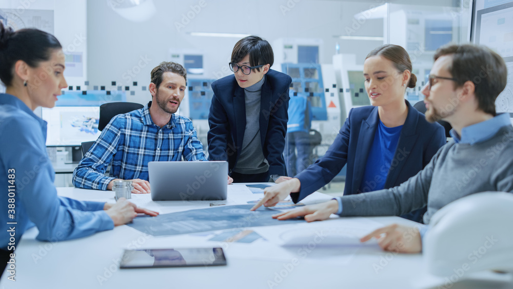 Aufkleber modern factory office meeting room: multi ethnic and diverse team of engineers, managers and investo