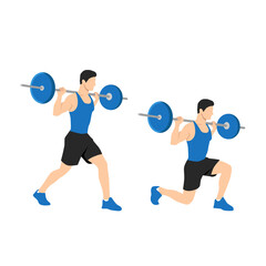 Obraz premium fitness, sport and exercise concept - smiling sporty man with barbell doing split squat or lunge