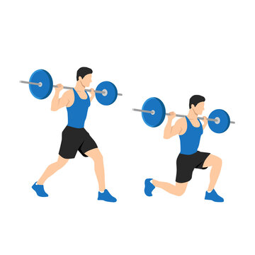 fitness, sport and exercise concept - smiling sporty man with barbell doing split squat or lunge