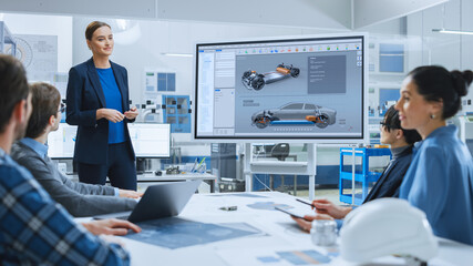 Confident Female Automotive Engineer Reports to Diverse Team of Specialists, Managers,...