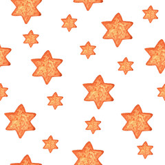 Seamless pattern with christmas ginger cookies. Hand drawn watercolor illustration on white background