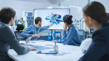 Fotobehang Modern Factory Office Meeting Room: Diverse Team of Engineers, Managers and Investors Talking at Conference Table, Use Interactive TV, Analyze Sustainable Energy Engine Blueprints. High-Tech Facility © Gorodenkoff