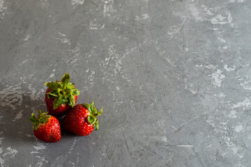 three fresh juicy strawberries lie on a concrete background.