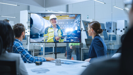 Diverse Group of Specialists, Managers in the Factory Office Meeting Room, Have Conference Video Call with Factory Chief Female Engineer, She Talks about Production Growth, Uses Tablet Computer