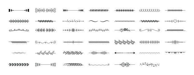 Set Black Simple Line Collection Doodle Border Floral Leaves Elements Vector Design Style Sketch Isolated Illustration For Banner