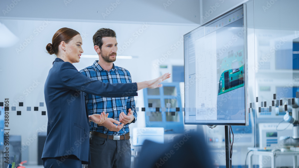 Poster Female Computer Engineer and Male Project Manager Use Digital Interactive Whiteboard That Shows 3D Printed Circuit Board Concept. Developers Find Problem Solution. Modern Factory Meeting Room