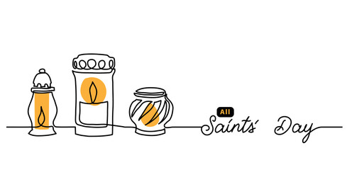 All Saints day simple vector banner, background with candles and lanterns with lights. Single line art illustration with lettering All Saints Day.