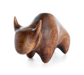 Wooden figurine of bull on white background. Symbol of year 2021