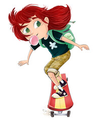 Girl riding skateboard with bubble gum