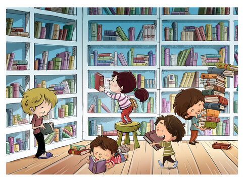 Children in the library with books