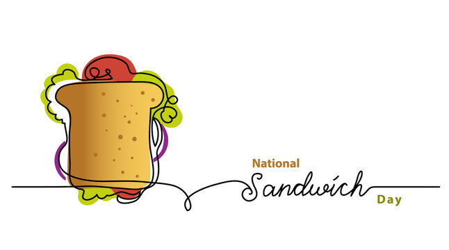 National Sandwich Day line vector banner, background, poster. One continuous line drawing with lettering Sandwich.