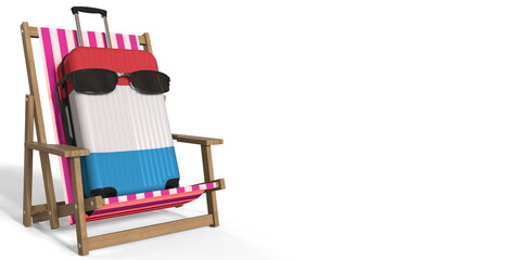 Suitcase with flag of Luxembourg with sunglasses on a beach chair. Vacation concept, 3d rendering