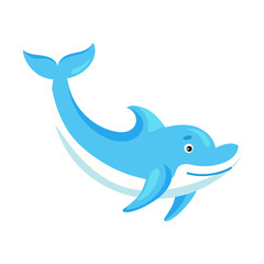 Cute funny dolphin print on white background. Ocean cartoon animal character for design of album, scrapbook, greeting card, invitation, wall decor. Flat colorful vector stock illustration.