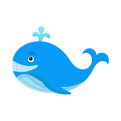 Cute funny whale print on white background. Ocean cartoon animal character for design of album, scrapbook, greeting card, invitation, wall decor. Flat colorful vector stock illustration.