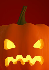 Happy Halloween background poster, card or template with big Pumpkin-Jack head. 3d illustration for holydays design. Place for text. Orange, yellow,  and dark red colors.