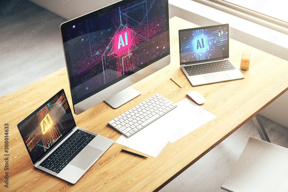 Poster creative artificial intelligence symbol concept on modern computer monitor. 3d rendering