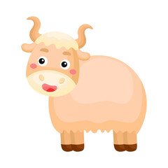 Cute funny yak print on white background. Domestic cartoon animal character for design of album, scrapbook, greeting card, invitation, wall decor. Flat colorful vector stock illustration.