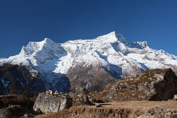 Kangtega and Thamserku mountains view in Sagarmatha National Park, Nepal Himalaya