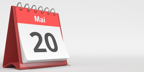 May 20 date written in German on the flip calendar page. 3d rendering